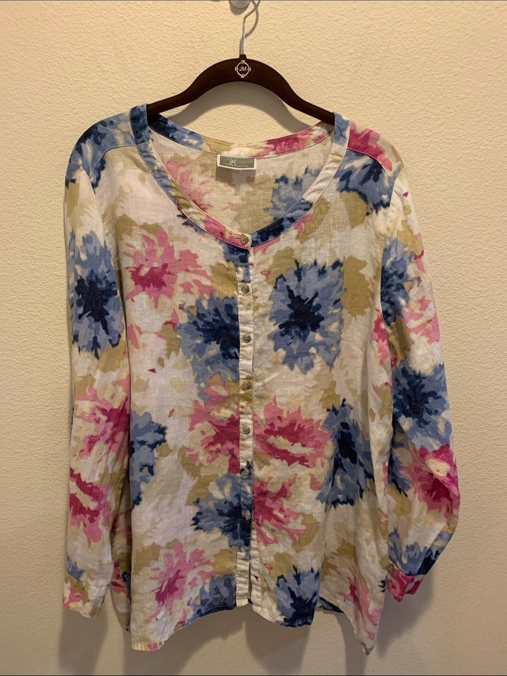 JM Collection Floral Button-Front Tunic in Blue, Pink, Tan
